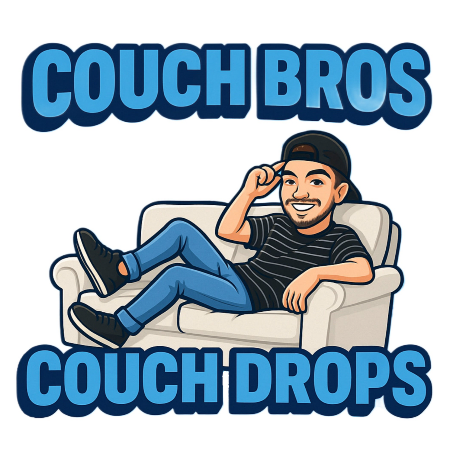 Logo with a person sitting on a couch, text 'Couch Bros' and 'Couch Drops', on a white background.